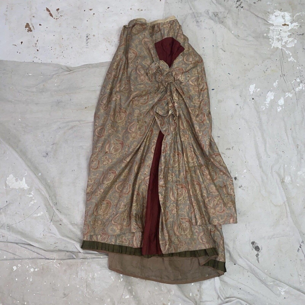 Antique 1800s Printed Asymmetric Walking Dress Skirt Bustle Draping Pleats